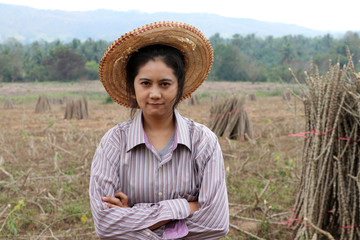 Female farmer standing and hugging chest beside the stack of tapioca limb in the farm.