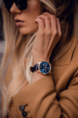 Wall Mural - Stylish beautiful watch on woman hand