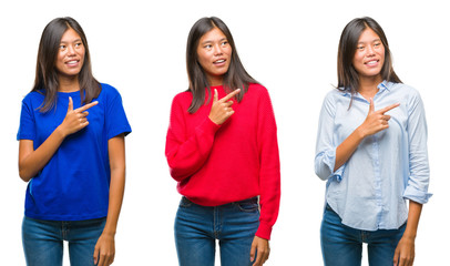 Poster - Collage of asian young woman standing over white isolated background cheerful with a smile of face pointing with hand and finger up to the side with happy and natural expression on face