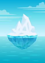 Iceberg Floating On Water Waves With Underwater Part, Bright Blue Sky With Clouds, Freshwater Ice, Glacier Or Ice Shelf Piece, Vector