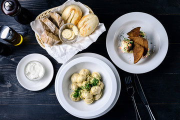 Canvas Print - dumplings on the table in the restaurant, menu for the cafe