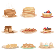 Poster - Set with various sweet desserts stack of pancakes, cupcakes, cake, fritters and tartelette. Tasty breakfast. Flat vector design for pastry shop, recipe book or menu