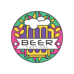 Poster - Colorful round emblem for beer festival. Abstract line art with grains, glass mug with alcoholic drink and foam. Creative vector design for advertising flyer or poster