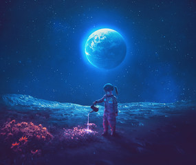 girl pouring water on moon flowers