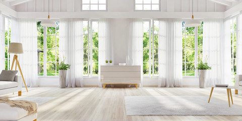 White interior design with large windows. Scandinavian interior design. For your creativity.