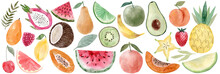 Watercolor Pitaya, Banana, Coconut, Watermelon, Papaya, Lemon, Mango, Raspberry, Cherry, Grapefruit, Carambola, Avocado, Peach, Pineapple, Melon, Strawberry, Pear, Lime, Apple, Orange, Watermelon,kiwi