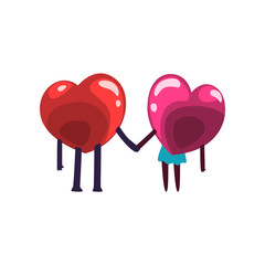 Poster - Cute red and pink hearts characters holding hands, funny couple in love, back view. Happy Valentines Day concept cartoon vector Illustration