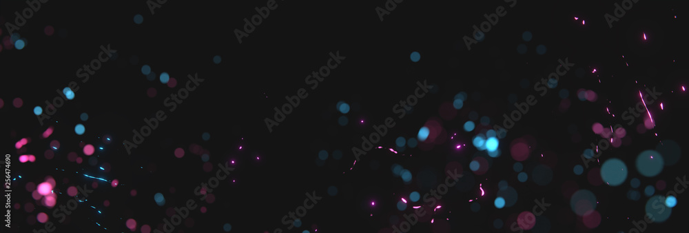 blurred magenta and cyan sparks from neon lights in front of black backgound - obrazy, fototapety, plakaty 