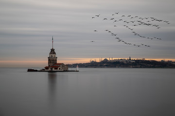  Maiden Tower (Tower of Leandros, Turkish: Kiz Kulesi) tranquil scenery at the entrance to Bosporus Strait in Istanbul, Turkey (KIZ KULESI – SALACAK-USKUDAR)