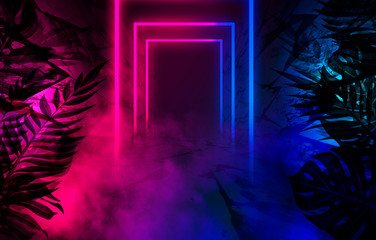 empty scene background, abstract background with multicolored bokeh and neon lights. silhouettes of 