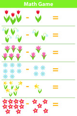 Educational a mathematical game. Vector spring flowers: crocus, narcissus, tulips, snowdrops and daisy. Subtraction worksheet.