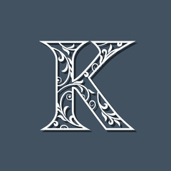 Initial Letter K. Floral Monogram Template. Filigree Logo. Floral Pattern. Elegant Emblem. Decorative Font. Graceful style. Calligraphic Luxury Design. Beauty Ornament. Vector Illustration