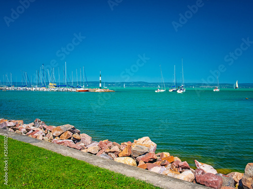 Sailboats in the port on lake Balaton in summer