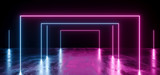 Fototapeta Do przedpokoju - Neon Futuristic Background Cyber Retro Purple Pink Blue Ultraviolet Vibrant Glowing Rectangle Gate Shaped Fluorescent Luminous Elegant Alien Dance Stage Gallery Lights 3D Rendering