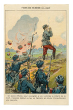French Historical Advertising Chromolithographic Postcard: An Officer Despite The Shelling By The Enemy Lights A Cigarette, Standing Full-length On The Parapet, World War One 1914-1918. France