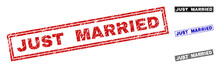 Grunge JUST MARRIED Rectangle Stamp Seals Isolated On A White Background. Rectangular Seals With Grunge Texture In Red, Blue, Black And Grey Colors.