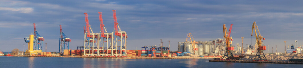 Wall Mural - Loading grain to the ship in the port. Panoramic view of the ship, cranes, and other infrastructures of the port.