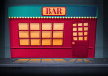 Exterior Of The Red Bar Standing At Night On The Street, Vector Illustration