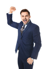 Poster - Portrait of emotional businessman on white background