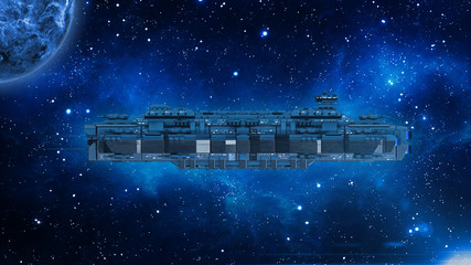 Wall Mural - spaceship traveling in deep space, alien ufo spacecraft flying in the universe with planet and stars