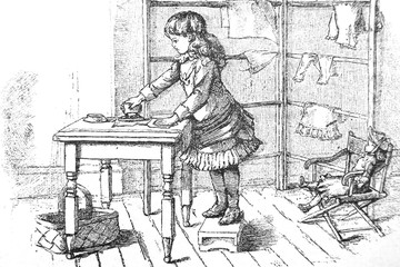 Wall Mural - Little girl ironing - Vintage Engraved Illustration, 1894