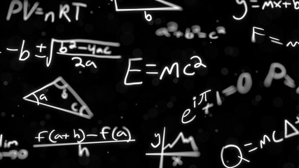Handwritten equations floating in front of black background