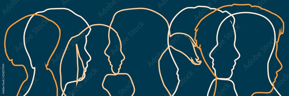 Social media network. Outline human silhouettes. Overlay heads. Digital, interactive and global communication concept. - obrazy, fototapety, plakaty 