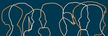 Social Media Network. Outline Human Silhouettes. Overlay Heads. Digital, Interactive And Global Communication Concept.