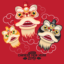 Lion Dance With Chinese New Year Greeting Isolated In Solid Color Background