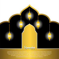 Wall Mural - Ramadan kareem greeting card design. with arabic lanterns, golden ornate crescent and mosque dome. on black background, EPS 10 - vector, Jpeg High Resolution 300 DPI