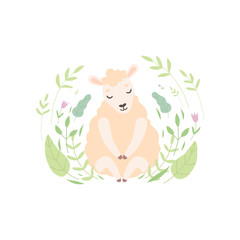 Sticker - Adorable Little Lamb, Cute Sheep Animal Sitting on Beautiful Spring Meadow Vector Illustration