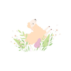 Wall Mural - Adorable Little Lamb, Cute Sheep Animal on Beautiful Spring Meadow Vector Illustration