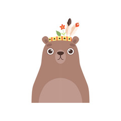 Poster - Cute Bear Animal Wearing Headdress with Feathers and Leaves Vector Illustration