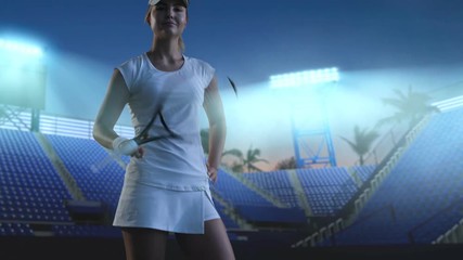 Wall Mural - Tennis girl on a professional tennis court in evening.