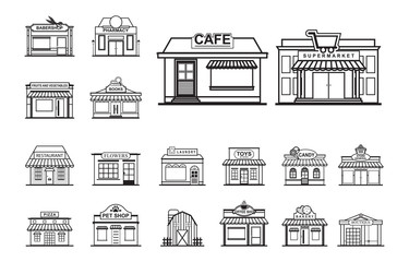 Wall Mural - Facade Shop Store Front View Line Art Outline Style Icon Set