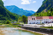 Montenegro landscape - the small town of Zabljak on the banks of a mountain river