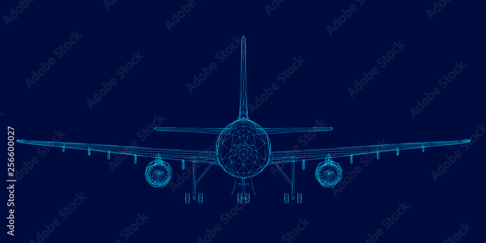 Wireframe of the passenger aircraft of the blue lines on a dark ...