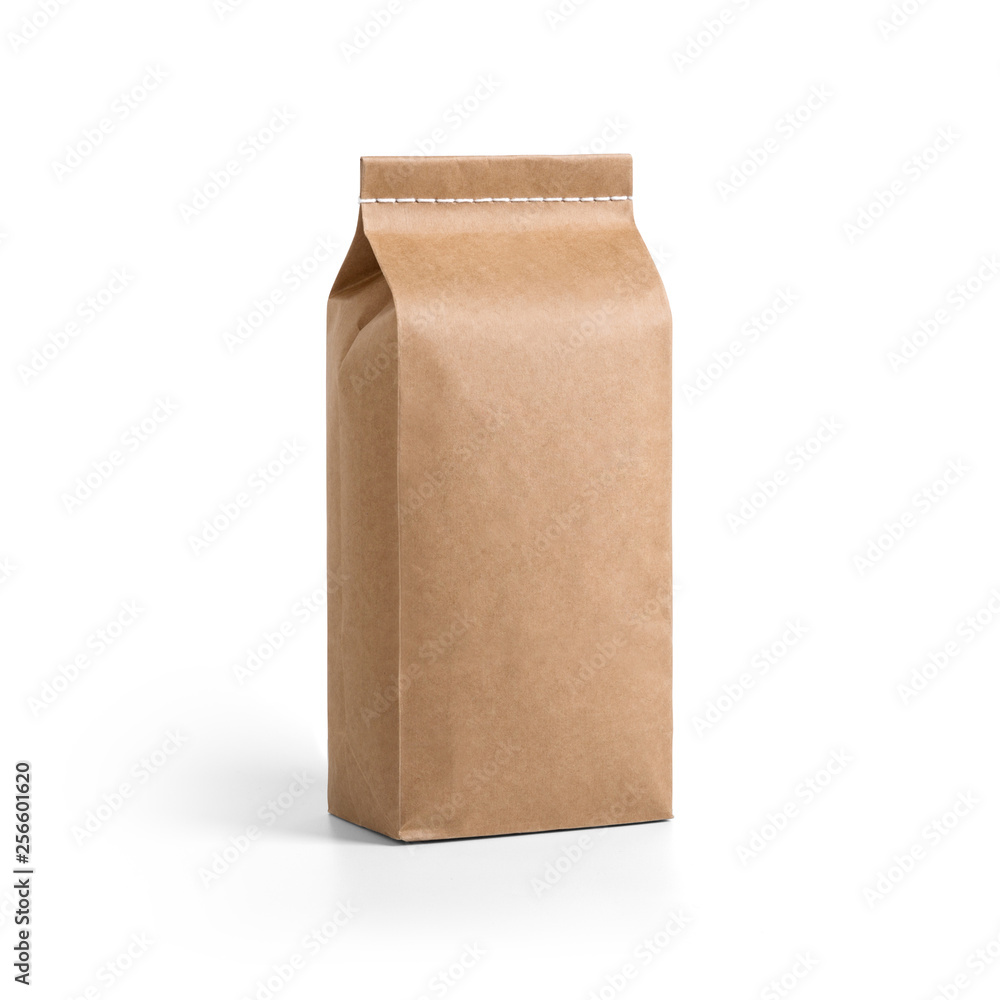 Brown craft paper bag packaging template with stitch sewing isolated on white background. Packaging template mockup collection. With clipping Path included. Stand-up pouch Half side view package - obrazy, fototapety, plakaty 