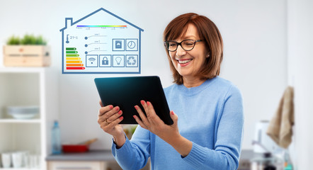 technology, automation and efficiency concept - smiling senior woman in glasses with tablet computer