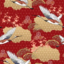 Vector Seamless Of Japanese Kimono Pattern. Cherry Blossom , Crane Birds, Pine Tree With Oriental Motifs Background Illustration For Premium Product, Nature Luxury Wallpaper, Banner.