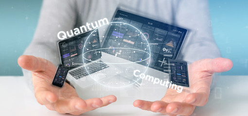 Wall Mural - businessman holding quantum computing concept with qubit and devices 3d rendering