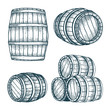 Barrel. Oak barrel hand drawn vector illustrations set. Wooden keg sketch drawing label.