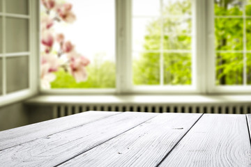 Desk of free spring time and window background 