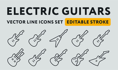 Classic Famous Electric Rock Guitar Bass. Vector Flat Line Icon Icon Set. Cute Small Pictogram. Editable Stroke.