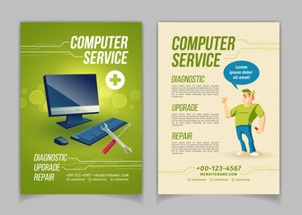 computer maintain, upgrade and repair service cartoon vector ad brochure, flyer pages template. work