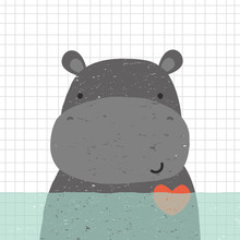 Cute Hippopotamus In Water. Kids Hand Drawn Print. Vector Illustration.