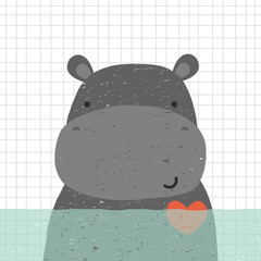 Wall Mural - Cute hippopotamus in water. Kids hand drawn print. Vector illustration.