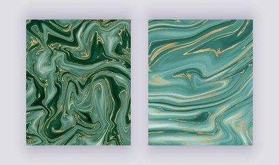 Wall Mural - Set liquid marble texture. Green and golden glitter ink painting abstract pattern. Trendy backgrounds for wallpaper, flyer, poster, card, invitations. Modern art.