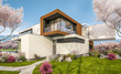 © korisbo - 3d rendering of modern cozy house by the river with garage. Fresh spring day with a blooming garden. For sale or rent with flowers of sakura on background.