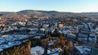 Aerial drone view of Skoyen urban area towards Holmenkollen in Oslo, Norway in spring 2019